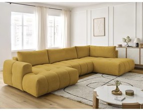 Mustársárga kinyitható-tárolóhelyes sarokkanapé (jobb oldali-U alakú) Fuji – Bobochic Paris