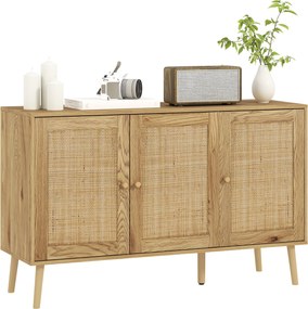 HOMCOM Büfé Vitrin, Rattan Ajtókkal és Állítható Polccal, Nappaliba és Étkezőbe, Méretek: 120 x 40 x 75 cm, Természetes Fa Megjelenés | Aosom