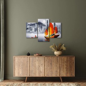 Festmény - Victoria Harbour, Hong Kong, fekete-fehér olajfestmény (90x60 cm)
