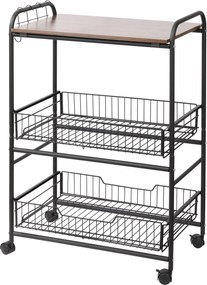 HOMCOM 3 Szintes Konyhai Kocsi, Szolgáltató Kocsi, Görgős Tároló Kocsi 2 Kihúzható Kosárral, Polccal és Oldalsó Kampókkal, 60 x 38 x 85.5 cm, dió | Ao