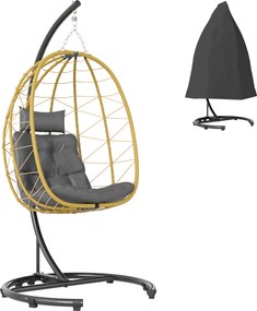 Outsunny Függőszék 150kg teherbírással, Összecsukható kosárral és párnákkal, Kerti Ringató Szék Acélból és PE Rattanból, 102x102x195 cm, Fekete, Szürk