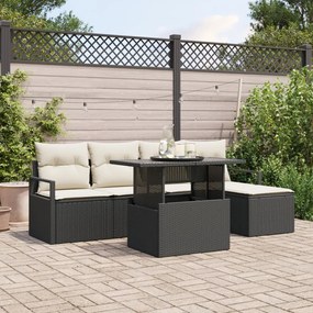 6 Részes Kerti Sofa Szett Párnákkal Fekete Poli Rattan, 2-Fős Kerti Sofa Tárolóval & Párnákkal Fekete Poli Rattan
