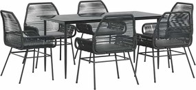 vidaXL 7 részes fekete polyrattan üveg kerti étkezőgarnitúra párnákkal