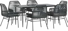 vidaXL 7 részes fekete polyrattan üveg kerti étkezőgarnitúra párnákkal