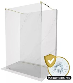 Arlo Light Gold Szabadonálló Walk-In zuhanyfal 8 mm vastag vízlepergető biztonsági üveggel, 200 cm magas, két távtartóval