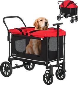 PawHut 2 az 1-ben Összecsukható Kutyakocsi Kutyáknak és Macskáknak 30 kg-ig, Ágyas Hálós Ablakokkal, 2 Ajtóval, Tárolótáskával, Vörös | Aosom