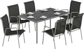 Outsunny 7 részes kültéri étkezőgarnitúra – edzett üveg asztal és 6 egymásra rakható, szellőző szék, időjárásálló porszórt váz | Aosom