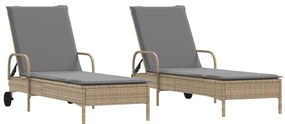 2 db bézs polyrattan napozóágy párnával