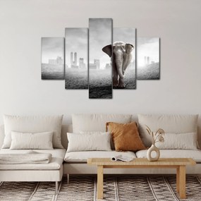 Kép -Elefánt egy nagyvárosban, fekete-fehér változat (150x105 cm)