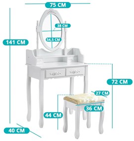 Tükrös fésülködő asztal székkel, Rome több színben-fehér