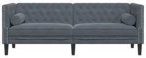 3 személyes sötétszürke bársony Chesterfield kanapé párnákkal