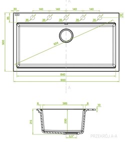 Laveo Tau, 1 kamrás gránit mosogató 900x500x215 mm, szürke, LAV-SBT_5109