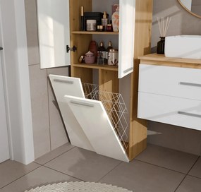 2K DD fürdőszoba szekrény, szennyestartóval, 60x174x30 cm, tölgy- fényes fehér front