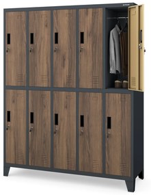 Pléh öltözőszekrény lábakon, 10 rekeszes BARTEK, 1360 x 1720 x 450 mm, Eco Design: antracit/ dió