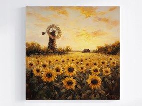 Poszter Tájkép Falu Mező Napraforgó Virágok Szélmalom 40x40
