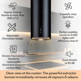 Klarstein Bolea, sziget páraelszívó, Ø 38 cm, recirkulációs/elszívás üzemmód, 600 m³/ó, LED, aktívszén szűrőkkel