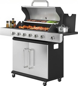 Outsunny 18,6 kW 6+1 égős rozsdamentes acél gázgrill kocsi — oldalsó égő, hőmérő, öntöttvas rácsok, melegentartó és tárolószekrény | Aosom
