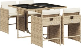 vidaXL 5 részes bézs polyrattan kerti étkezőgarnitúra párnákkal