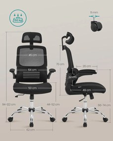 Irodai szék, ergonomikus, hálós szék deréktámasszal és állítható fejtámlával, fekete