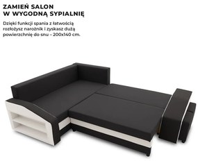 Grande sarokkanapé polcokkal és puffokkal , polc a bal karfaban puffok a jobb karfaban, baloldali, szövet anyag, hab töltet, fekete - fehér