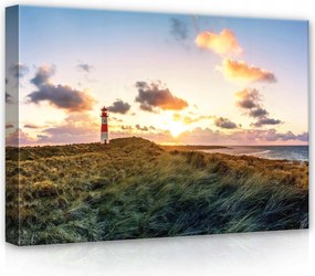 Vászonkép 70x50 Naplemente világítótorony tenger dűne homok ég felhők