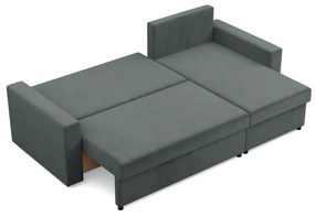 Zeus sarokkanapé, 1 ágyneműtartóval, egyenes kartámasz, bársony, univerzális oldal, hab töltet, szürke