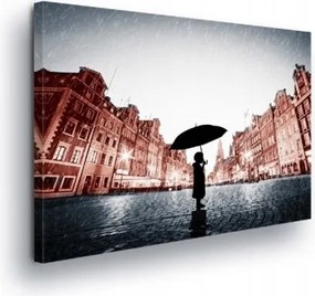 Vászonkép 100x75 Város az esőben utca eső esernyő sziluett tükröződés