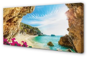 Canvas képek Görögország parti sziklák virágok 125x50 cm