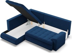 Tokio sarokkanapé, L alakú háttámlával, 2 ágyneműtartóval, bársony, baloldali, kék