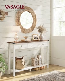 Keskeny konzolasztal 3 fiókkal és nyitott polccal, vidéki stílusban