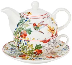 Porcelán egyszemélyes teáskészlet kolibri madaras teáskanna és csésze aljjal