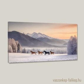 Vadlovak futnak téli tájon napkeltekor – prémium vászonkép 60x34 cm