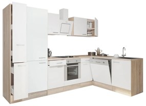 Yorki 310 sarok konyhabútor sonoma tölgy korpusz,selyemfényű fehér front alsó sütős elemmel polcos szekrénnyel