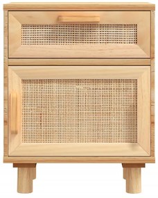 Barna tömör fenyőfa és természetes rattan éjjeliszekrény