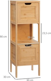 kleankin Szabadon álló fürdőszobai szekrény bambusz lábakkal, 2 eltávolítható fiókkal és 1 polccal - természetes dizájn - 30 x 30 x 90 cm | Aosom