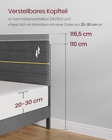 VASAGLE kárpitozott ágykeret, 140 x 200 cm-es matracra alkalmas, szürke