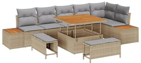 9 darabos Kerti Kanapé Garnitúra Párnákkal Bézs Poly Rattan Akác