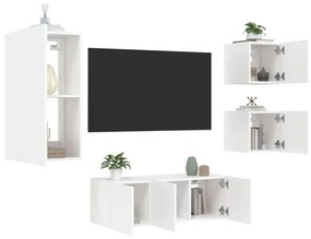 5 darab fehér szerelt fa fali TV-bútor LED-del