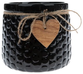 Wood heart kerámia virágtartó kaspó, fekete, 12,5 x 14 cm