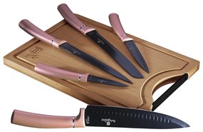 6-részes rozsdamentes acél konyhai kés készlet bambusz vágódeszkával PINK 19960