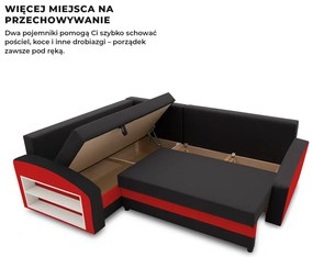 Grande sarokkanapé polcokkal , polc a bal karfaban, baloldali, szövet anyag, bonell töltet, fekete - piros