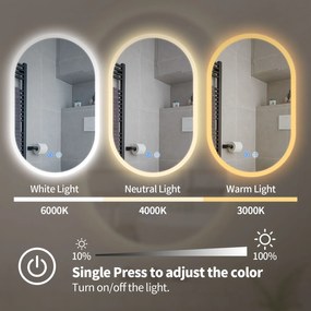 Erga Demi, ovális LED tükör 60x90cm, 3 színű fény, első világítás, páramentes fűtőbetét, ERG-V01-Demi-6090-CL