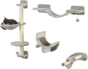 PawHut 4 részes macska polc készlet falra szerelhető kaparó a macskáknak, függőággyal és puha létrás platformokkal, Szürke | Aosom