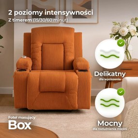 Masszírozós dönthető fotel vörösesbarna színben, kordbársony kárpittal BOX