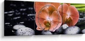 Kép - Narancssárga orchidea pálmalevelekkel (órával) (90x30 cm)