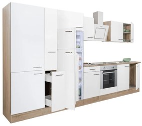Yorki 360 konyhabútor sonoma tölgy korpusz,selyemfényű fehér front alsó sütős elemmel polcos szekrénnyel és felülfagyasztós hűtős szekrénnyel