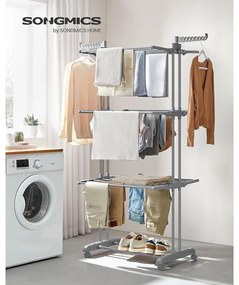 összecsukható 4 szintes ruhaszárító állvány, mozgatható, 64 x 126 x 172 cm, rozsdamentes acél, lehajtható szárnyakkal, szürke