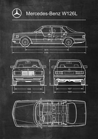 Poszter Mercedes-Benz W126L Retro Patent Séma