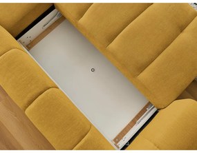 Mustársárga kinyitható-tárolóhelyes sarokkanapé (jobb oldali-heverő résszel) Fuji – Bobochic Paris