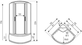 Silverprime 90x90 cm íves hidromasszázs zuhanykabin